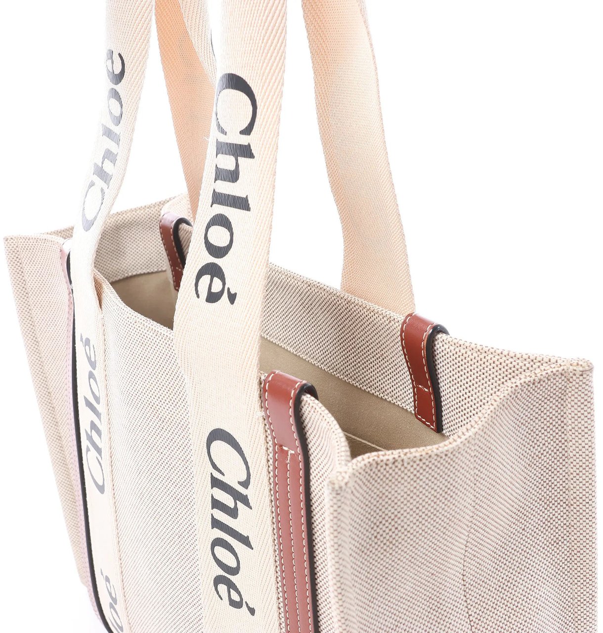 Chloé CHLOE Woody Medium Canvas x Leather Tote Shoulder bag in Beige x Brown Beige