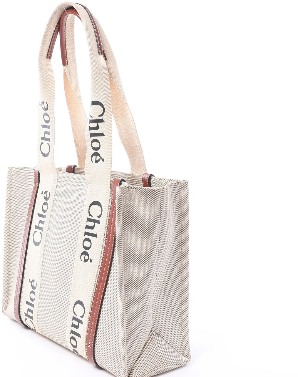 Chloé CHLOE Woody Medium Canvas x Leather Tote Shoulder bag in Beige x Brown Beige
