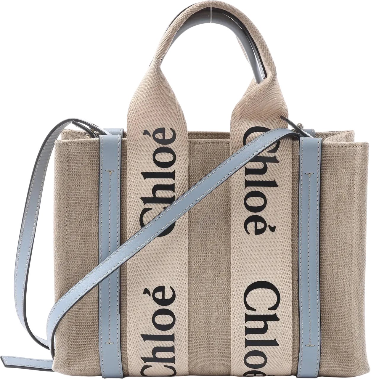 Chloé Woody Small Canvas & Leather 2Way Handbag in Beige x Blue Beige