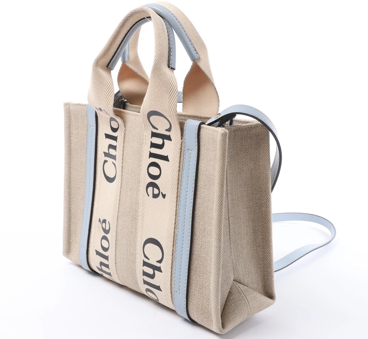 Chloé Woody Small Canvas & Leather 2Way Handbag in Beige x Blue Beige