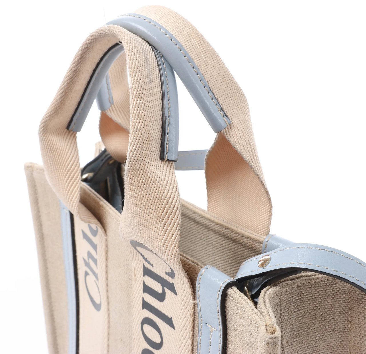 Chloé Woody Small Canvas & Leather 2Way Handbag in Beige x Blue Beige