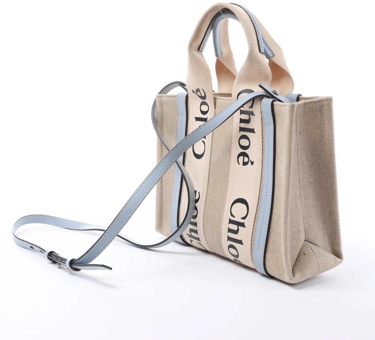 Chloé Woody Small Canvas & Leather 2Way Handbag in Beige x Blue Beige