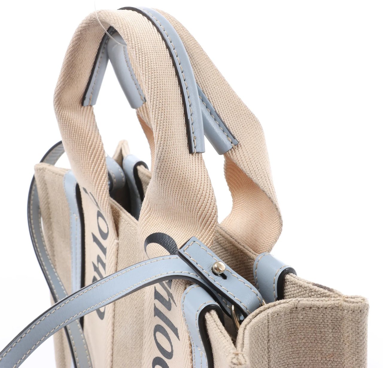 Chloé Woody Small Canvas & Leather 2Way Handbag in Beige x Blue Beige