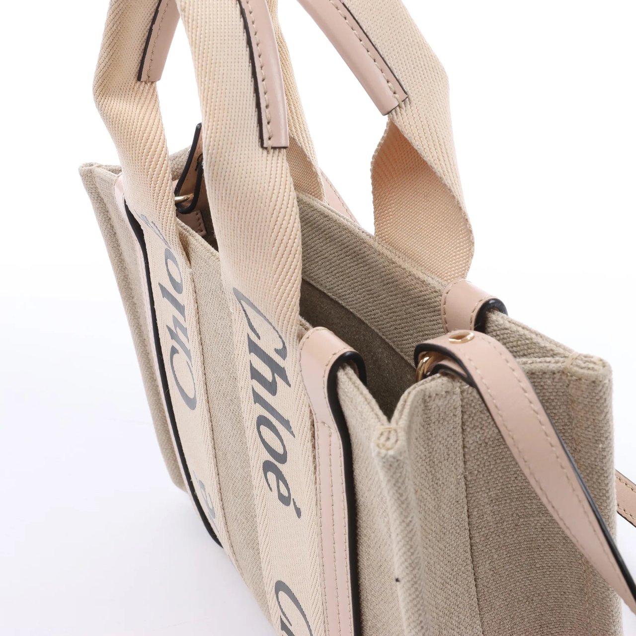 Chloé Woody Small Canvas & Leather 2Way Handbag in Beige x Pink Beige