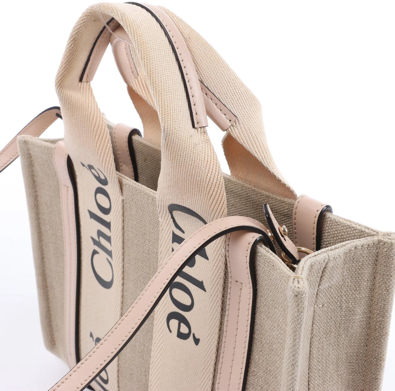 Chloé Woody Small Canvas & Leather 2Way Handbag in Beige x Pink Beige