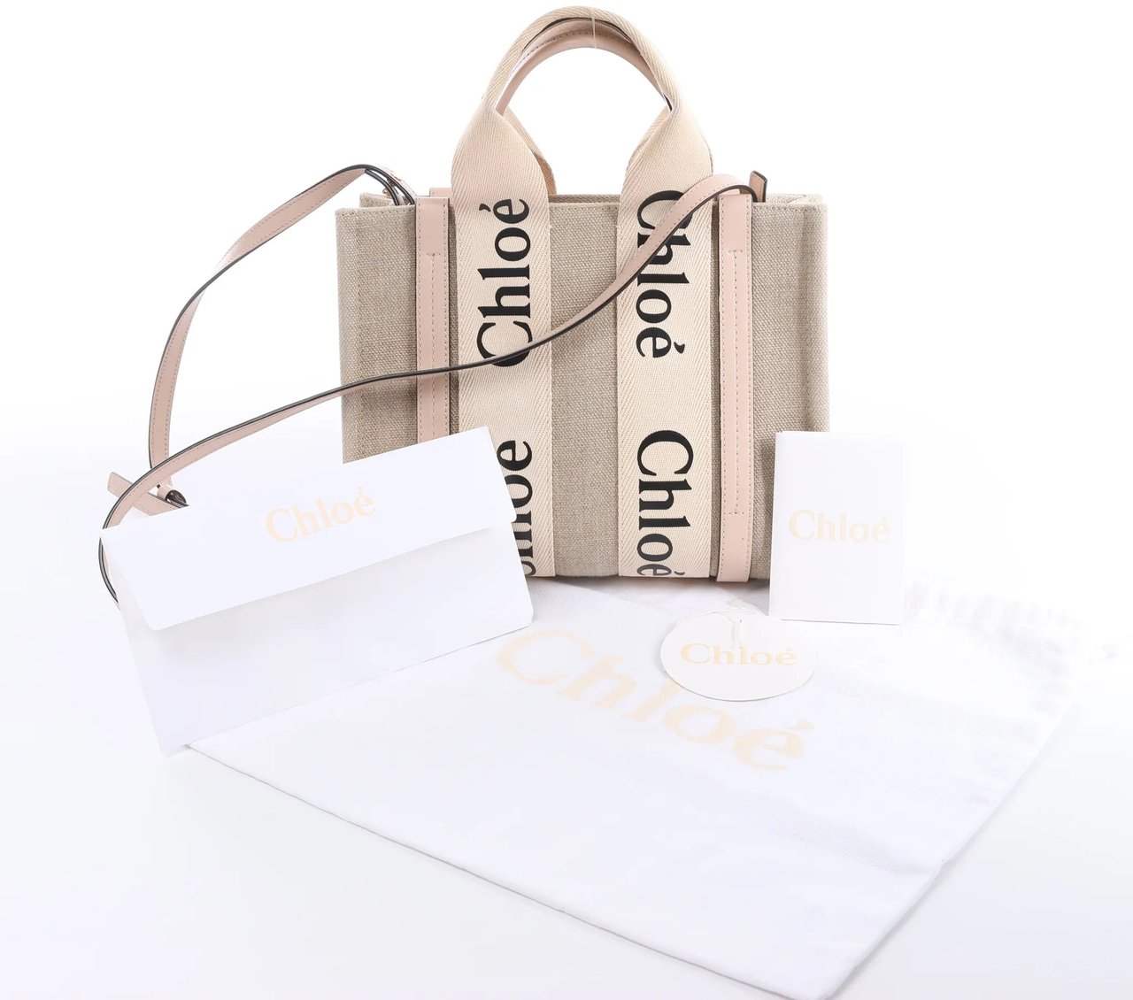 Chloé Woody Small Canvas & Leather 2Way Handbag in Beige x Pink Beige