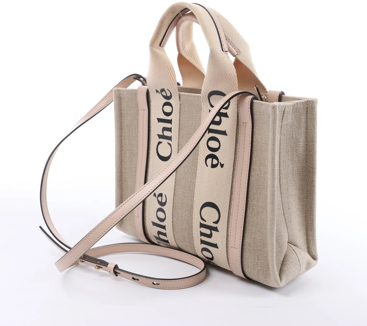 Chloé Woody Small Canvas & Leather 2Way Handbag in Beige x Pink Beige