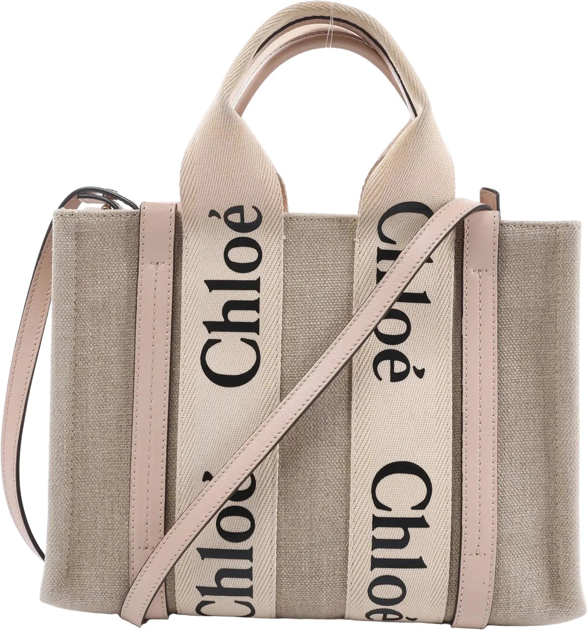 Chloé Woody Small Canvas & Leather 2Way Handbag in Beige x Pink Beige