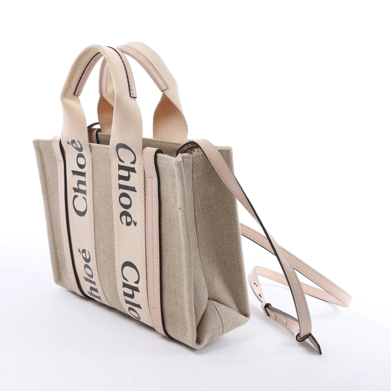 Chloé Woody Small Canvas & Leather 2Way Handbag in Beige x Pink Beige