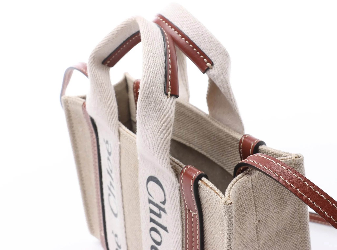 Chloé Woody Mini Canvas & Leather 2Way Handbag in Beige x Brown Divers