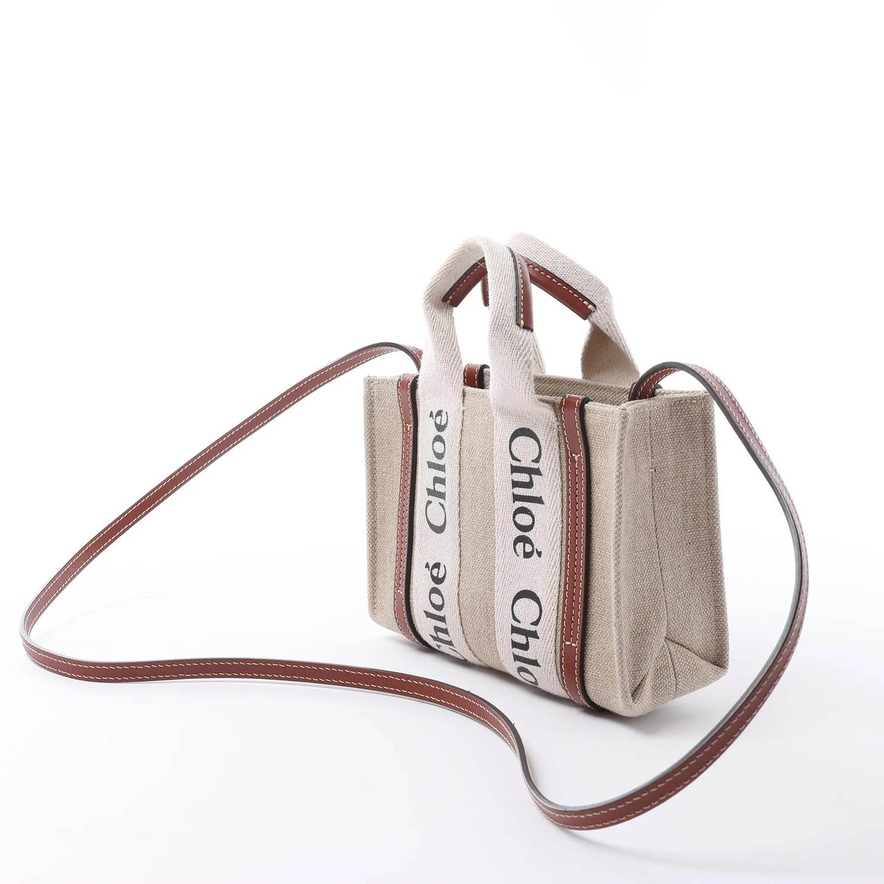 Chloé Woody Mini Canvas & Leather 2Way Handbag in Beige x Brown Divers