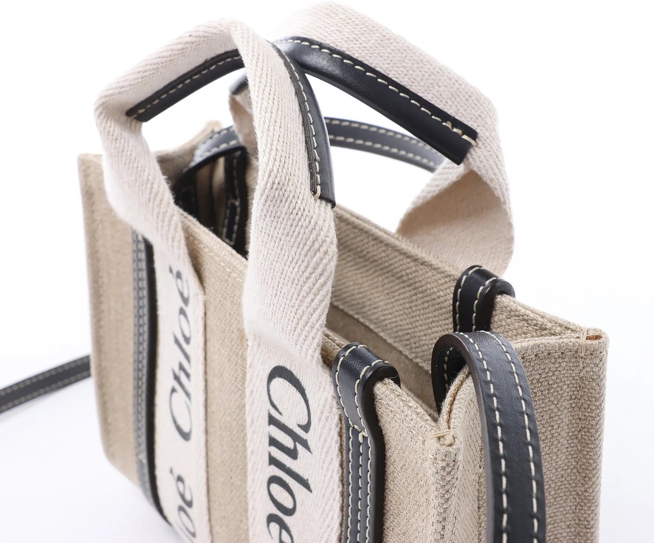Chloé Woody Mini Canvas & Leather 2Way Handbag in Beige x Black Beige