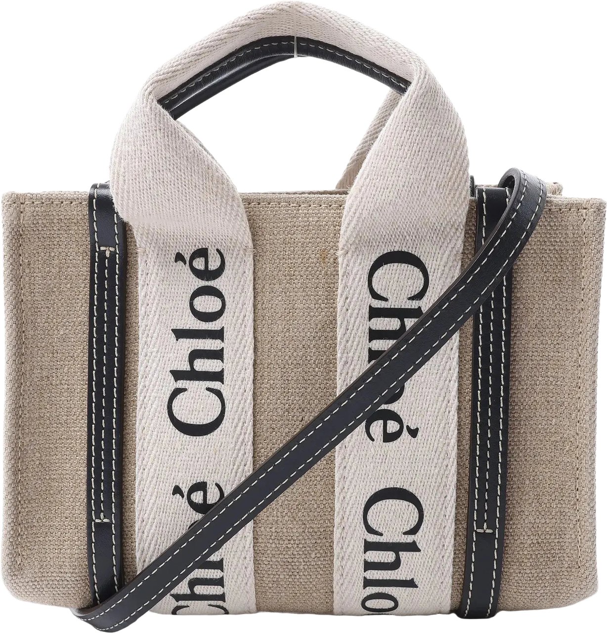 Chloé Woody Mini Canvas & Leather 2Way Handbag in Beige x Black Beige