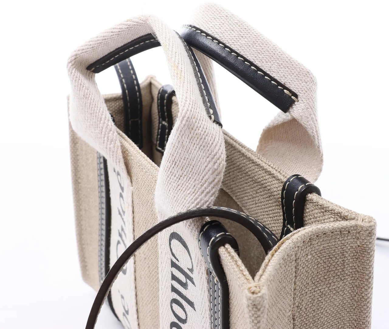 Chloé Woody Mini Canvas & Leather 2Way Handbag in Beige x Black Beige