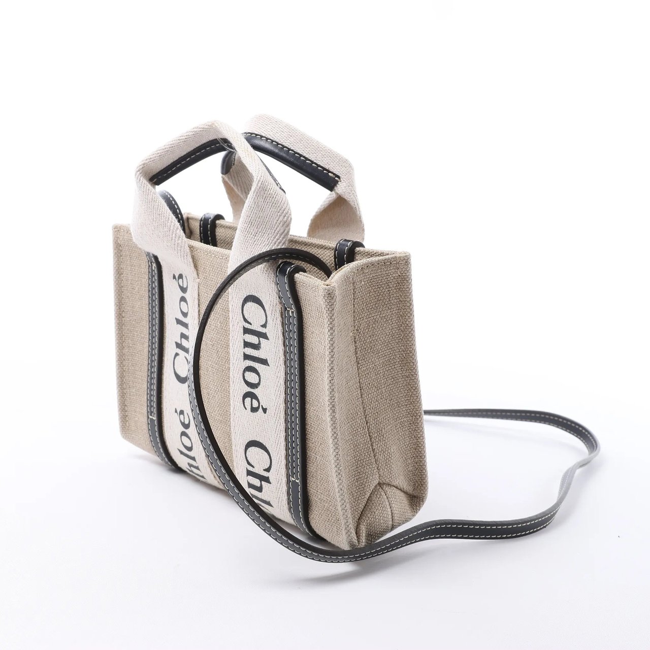 Chloé Woody Mini Canvas & Leather 2Way Handbag in Beige x Black Beige