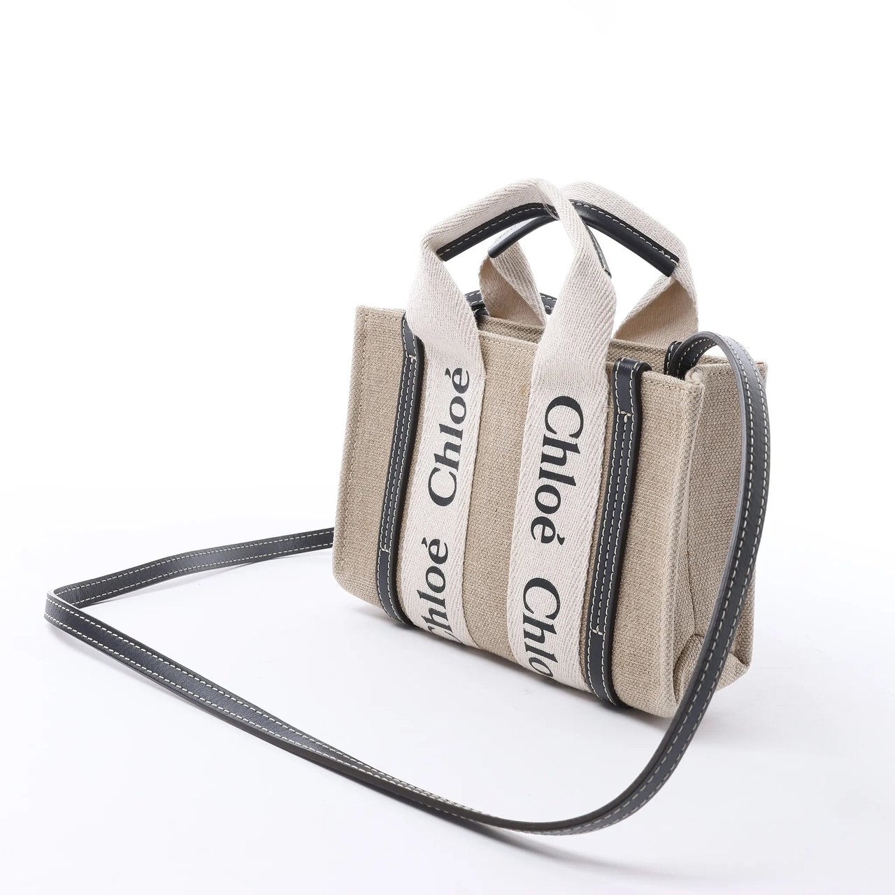 Chloé Woody Mini Canvas & Leather 2Way Handbag in Beige x Black Beige