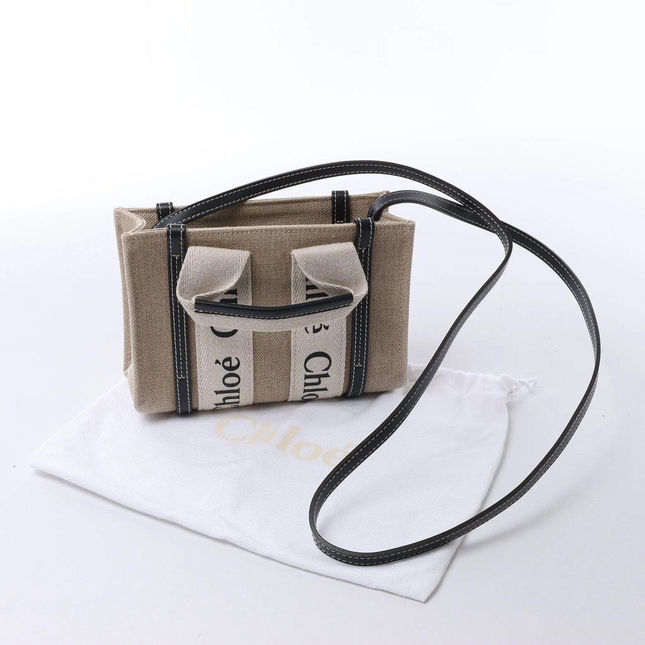 Chloé Woody Mini Canvas & Leather 2Way Handbag in Beige x Black Beige