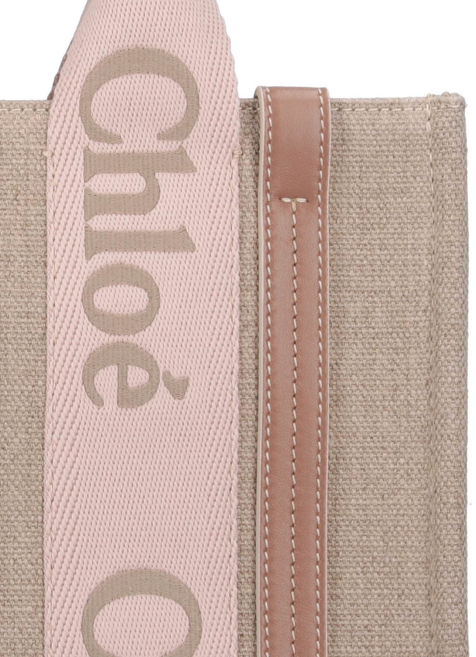 Chloé Beige Woody Small Linen Logo Tote Neutraal