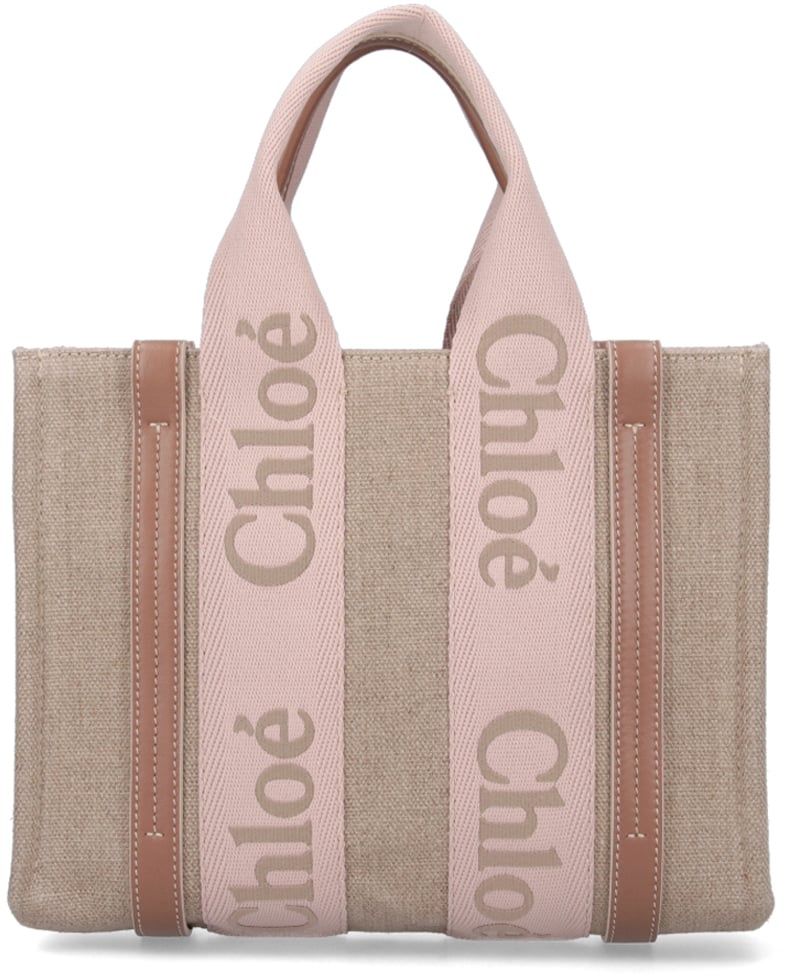 Chloé Beige Woody Small Linen Logo Tote Neutraal
