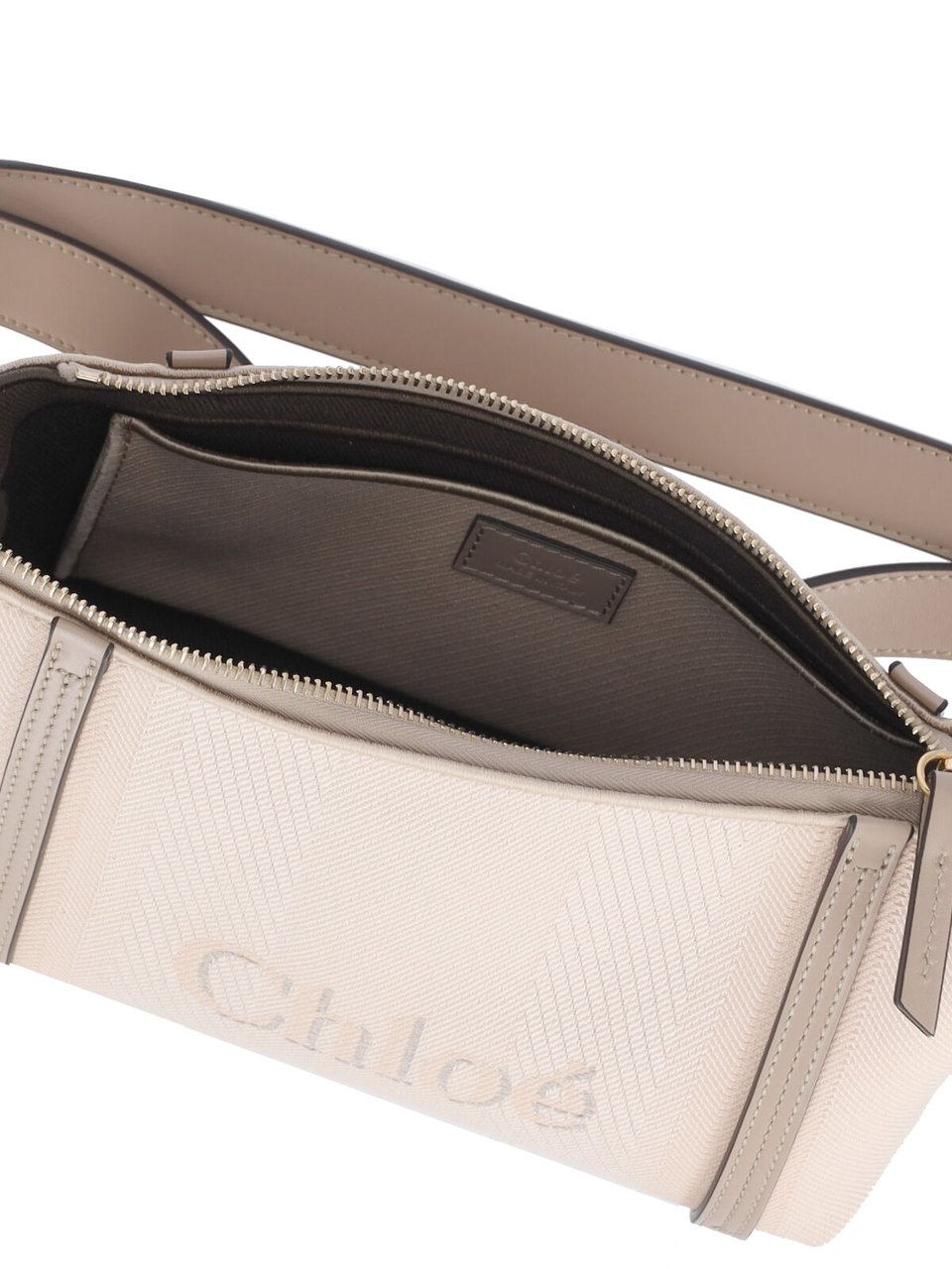 Chloé Carry Cotton Shoulder Bag with Leather Trim Neutraal