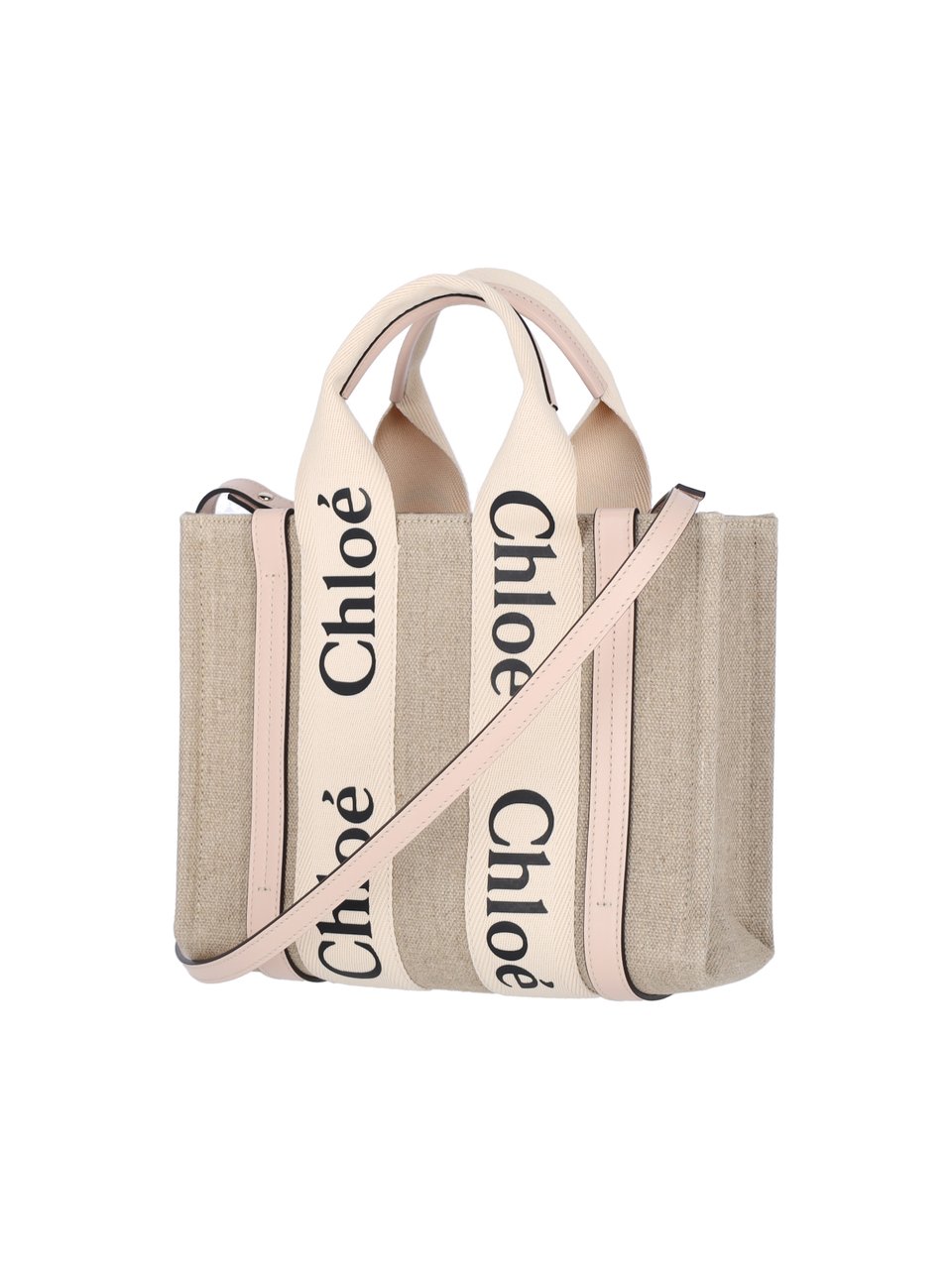 Chloé Beige Woody Lino Logo Tote Bag Neutraal
