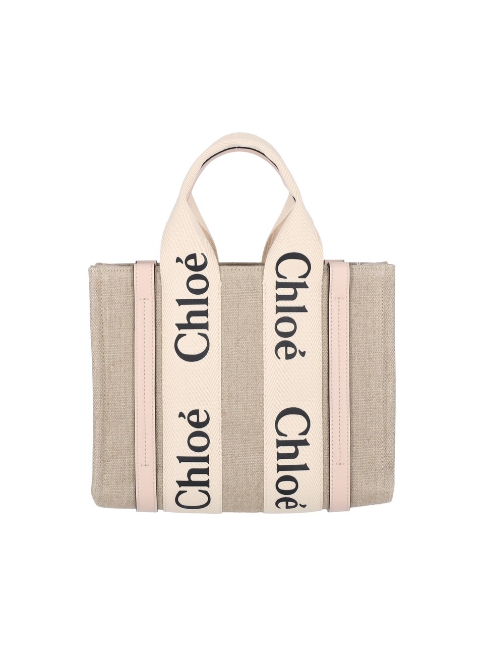 Chloé Beige Woody Lino Logo Tote Bag Neutraal
