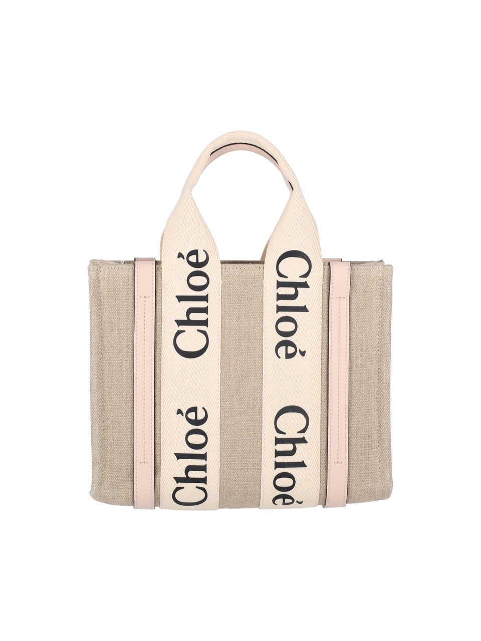 Chloé Beige Woody Lino Logo Tote Bag Neutraal