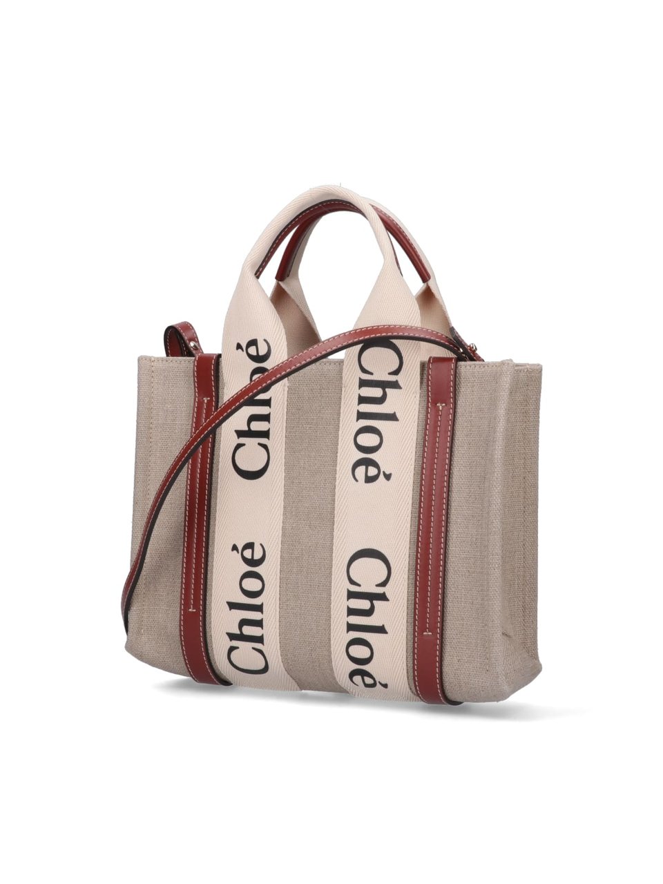 Chloé "Woody" Small Tote Bag, In Beige Linen Neutraal