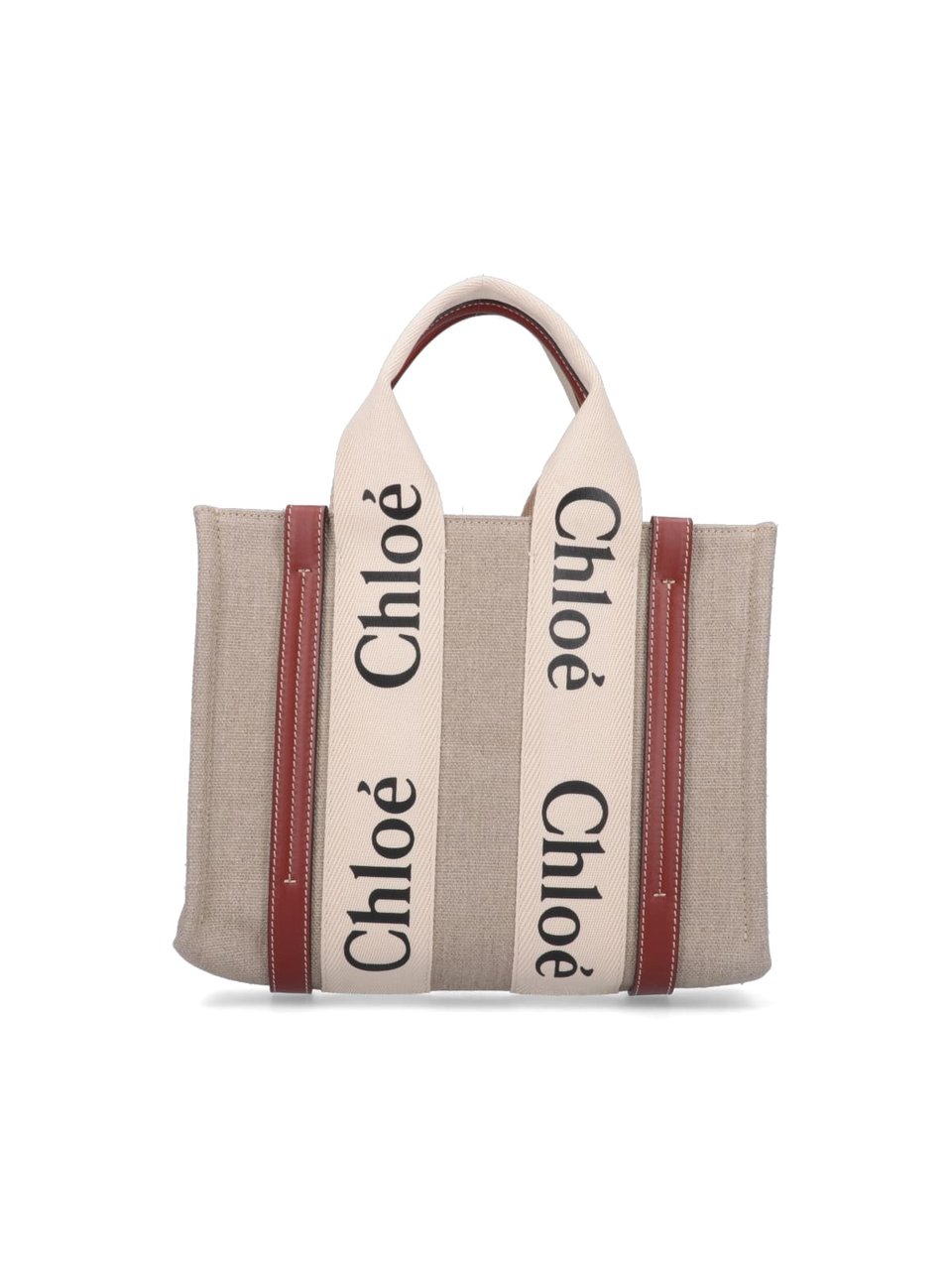 Chloé "Woody" Small Tote Bag, In Beige Linen Neutraal