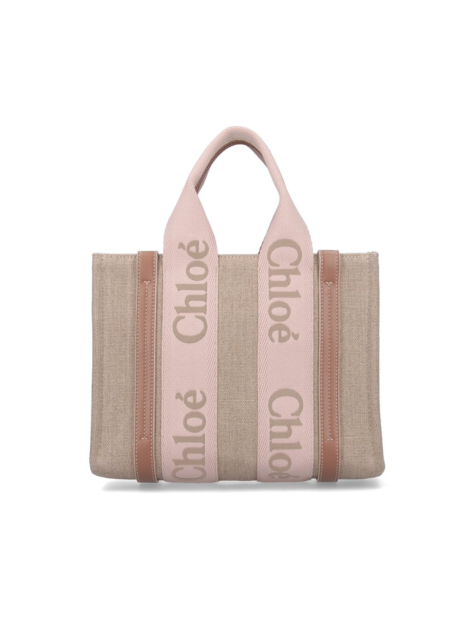 Chloé Beige Linen Tote with Calfskin Accents and Logo Detail Neutraal