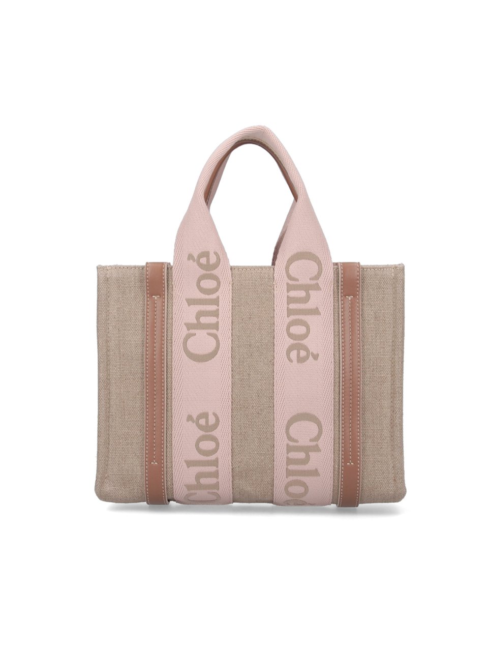 Chloé Beige Linen Tote with Calfskin Accents and Logo Detail Neutraal