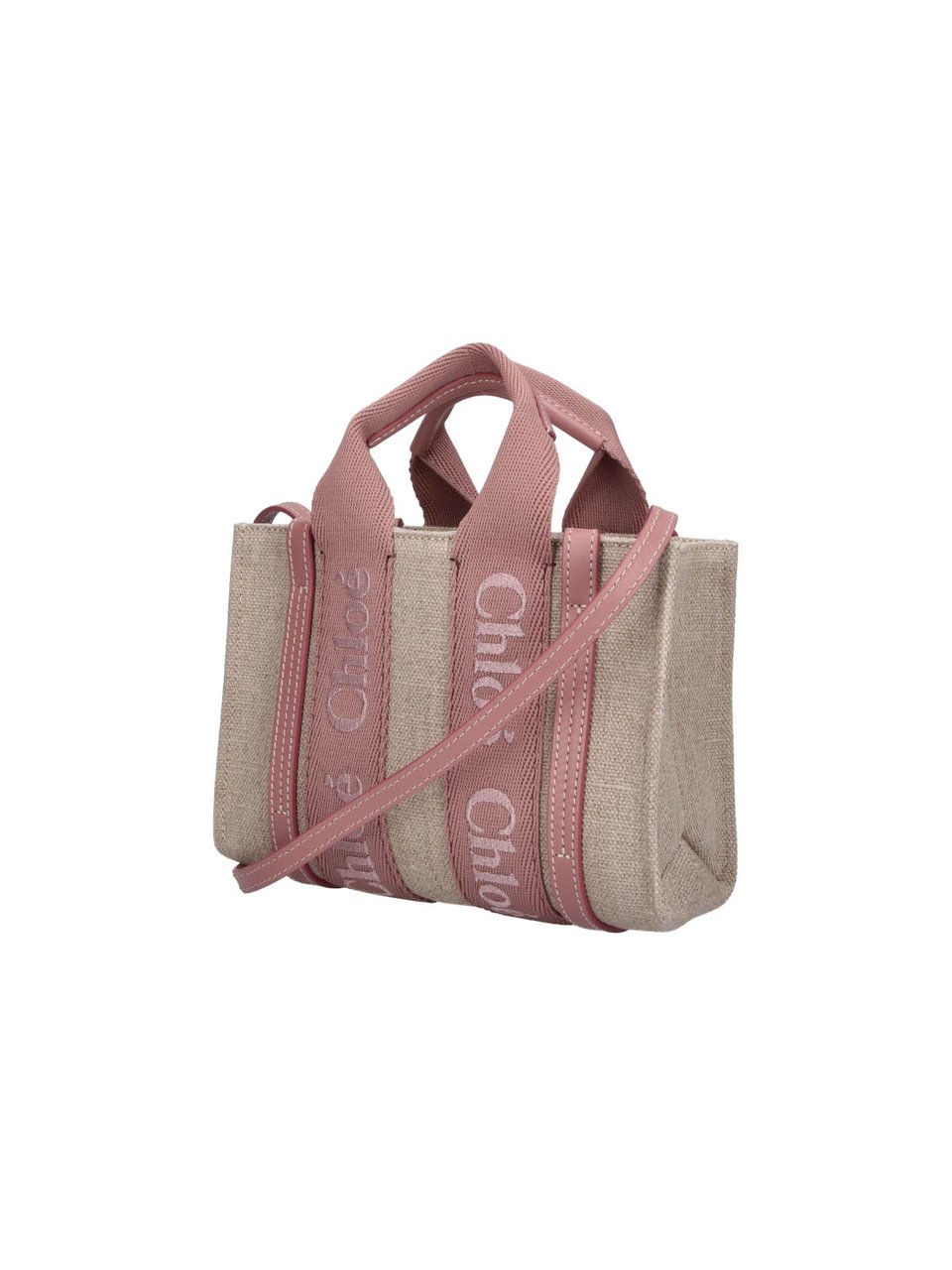 Chloé Textured Beige Structured Bag with Dusty Pink Straps Neutraal