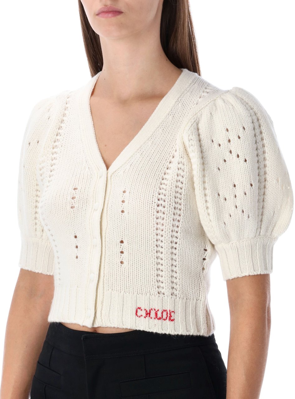 Chloé Chloé wool and cashmere puff-sleeve V-neck cardigan Wit