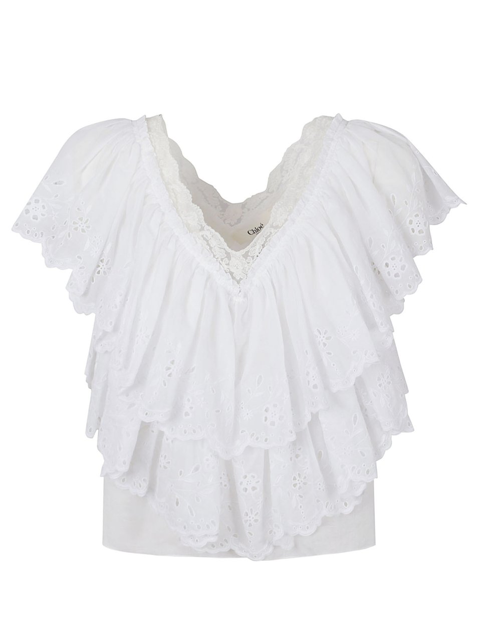 Chloé White Cotton Voile Ruffle Top Wit