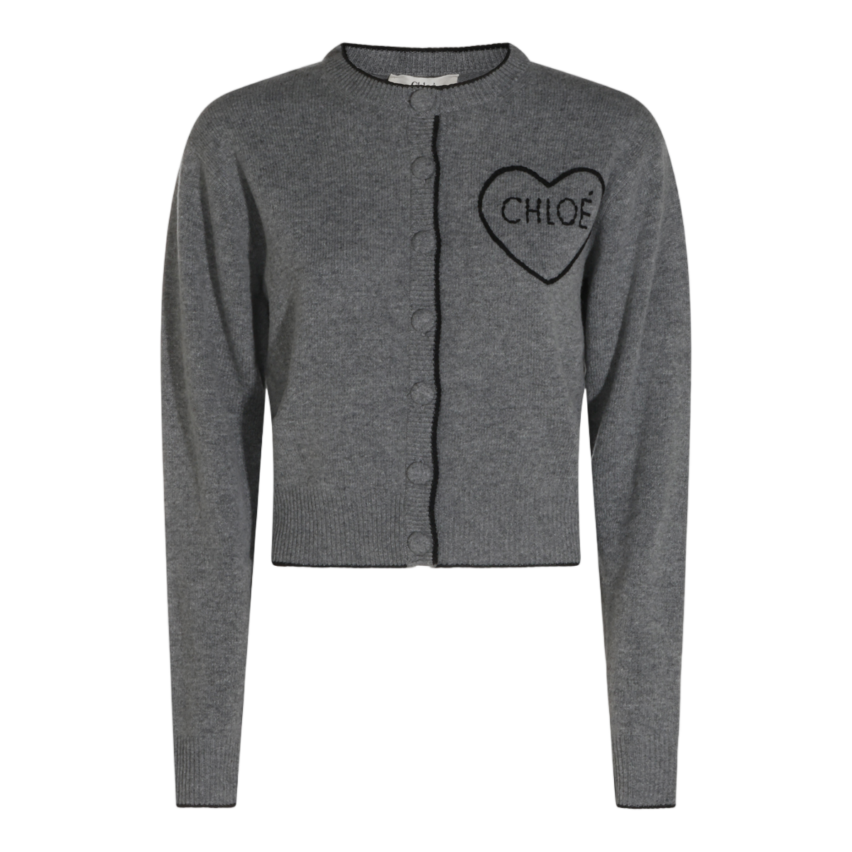 Chloé Cropped Long-Sleeved Sweater with Button-Down Front and Heart Patch Grijs