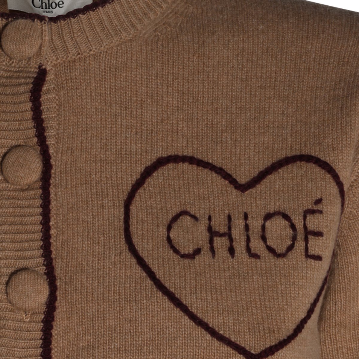 Chloé Brown Wool Knit Cardigan With Heart Logo And Button Detailing Bruin