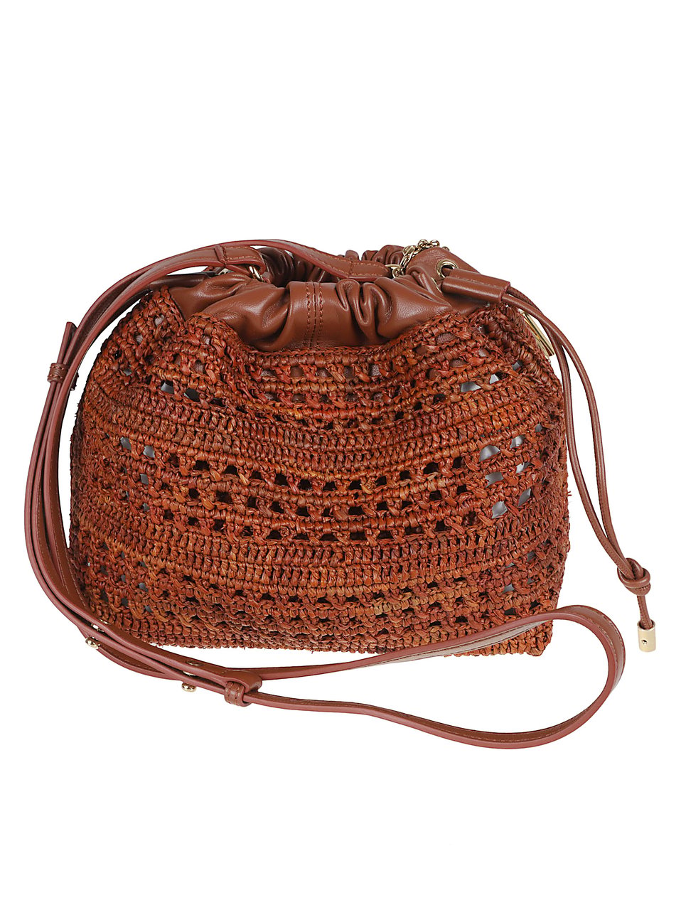 Chloé Mini Raffia Shoulder Bag with Lambskin Accents Bruin