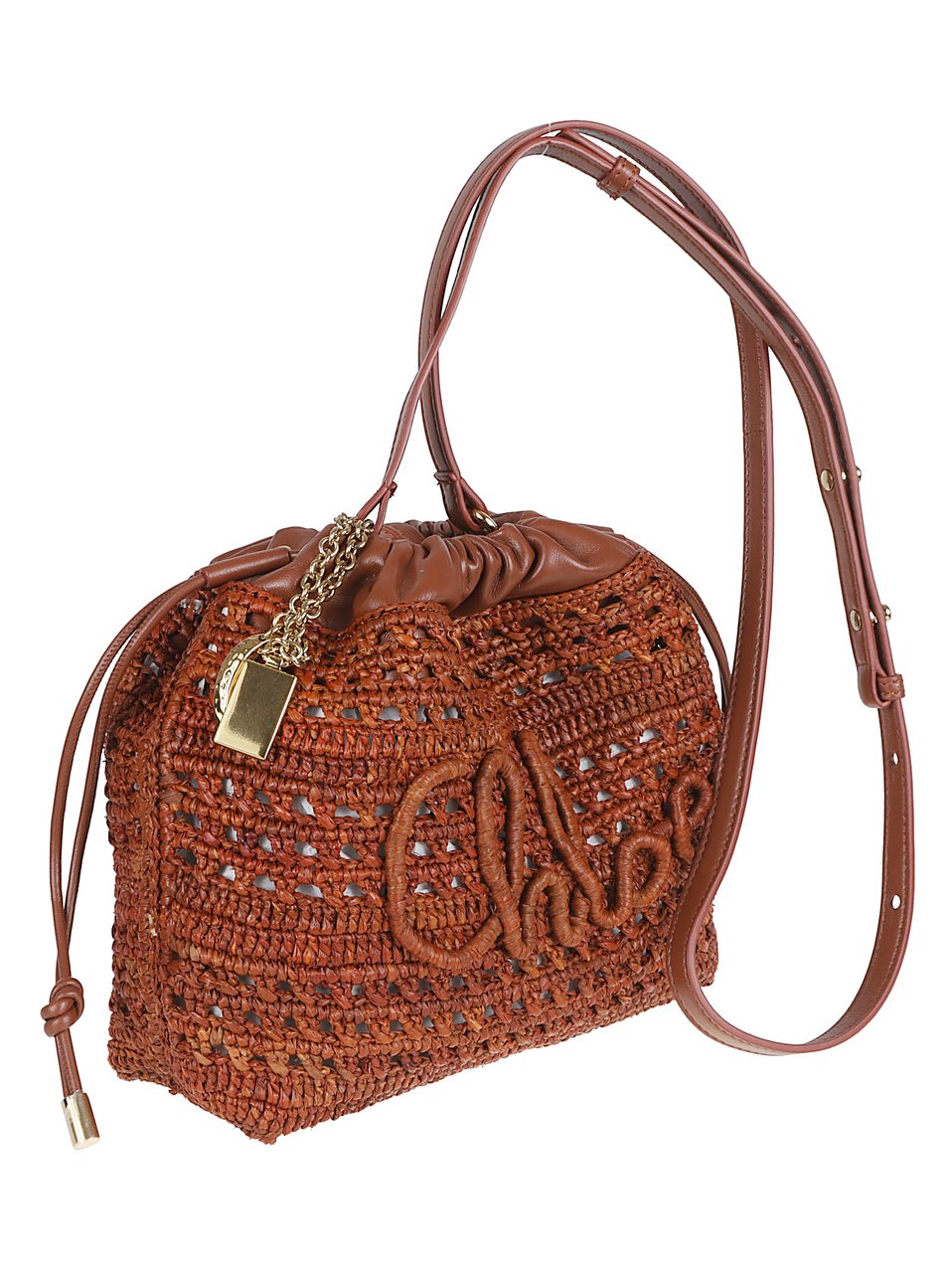 Chloé Mini Raffia Shoulder Bag with Lambskin Accents Bruin