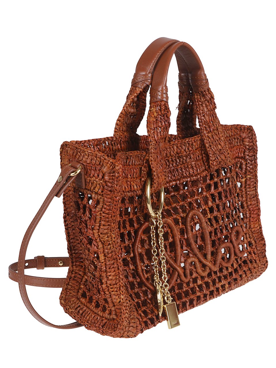Chloé Hand-Crocheted Raffia Tote Bag with Buffalo Leather Accents Bruin