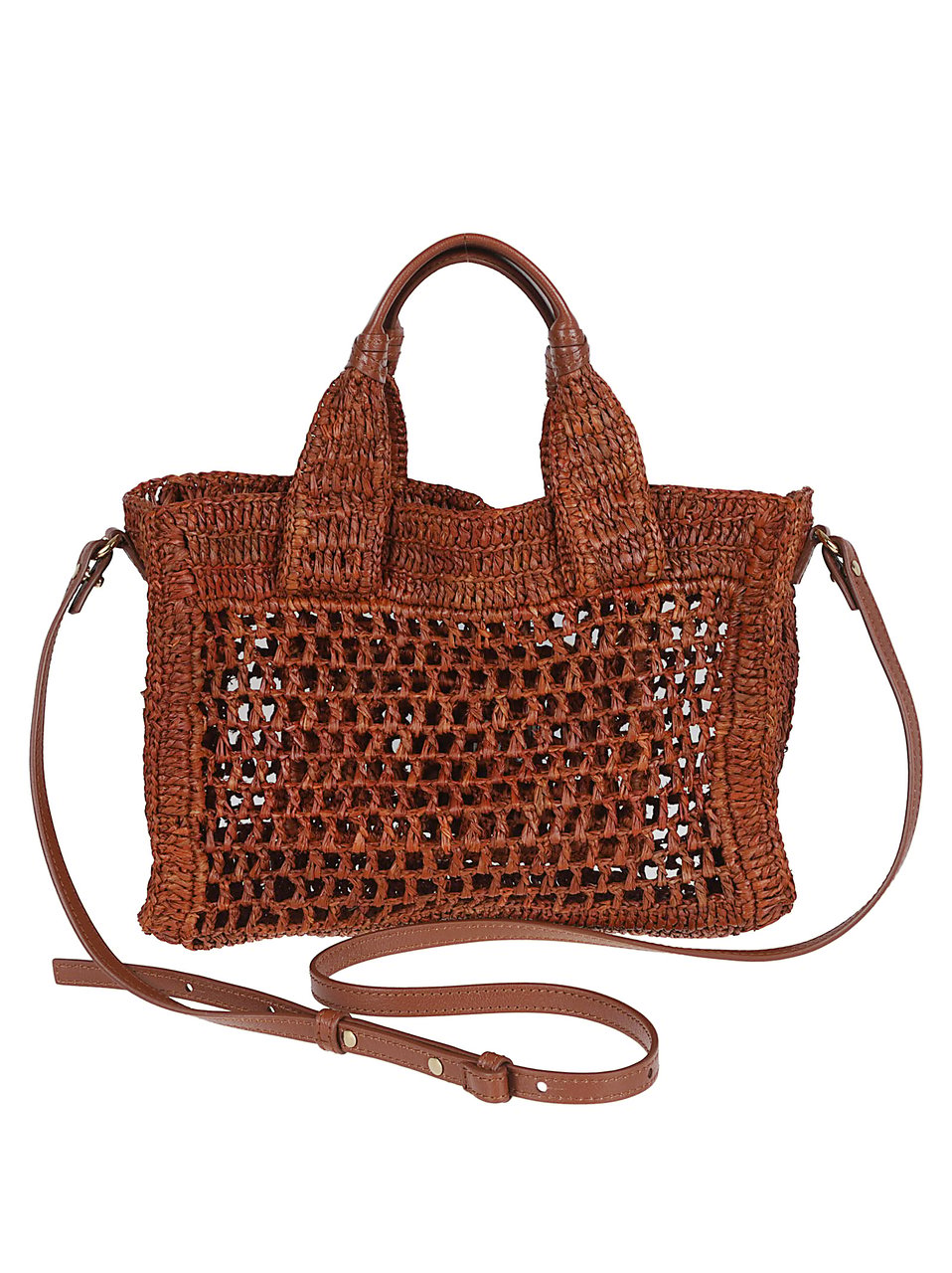 Chloé Hand-Crocheted Raffia Tote Bag with Buffalo Leather Accents Bruin