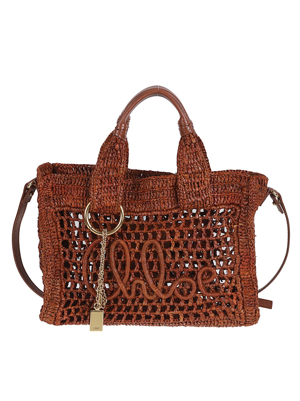 Chloé Hand-Crocheted Raffia Tote Bag with Buffalo Leather Accents Bruin