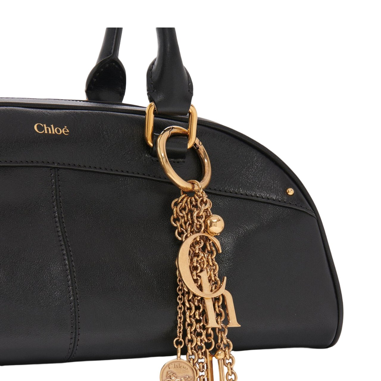 Chloé Curved Black Leather Handbag with Gold-Tone Detailing Zwart