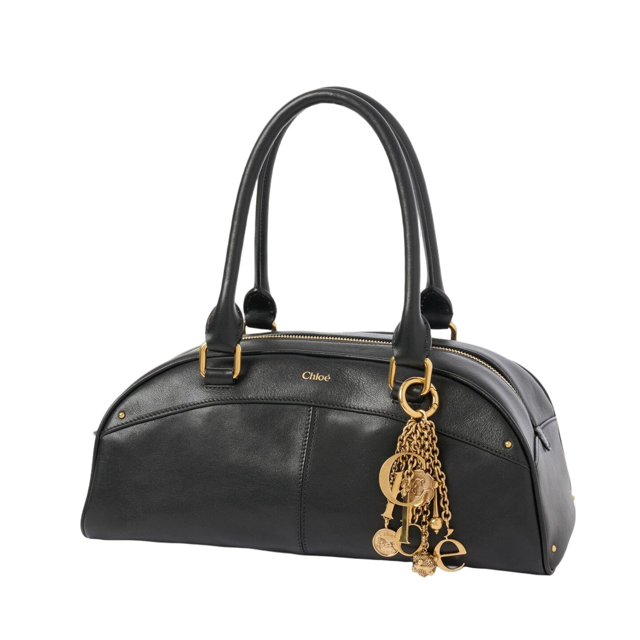 Chloé Curved Black Leather Handbag with Gold-Tone Detailing Zwart