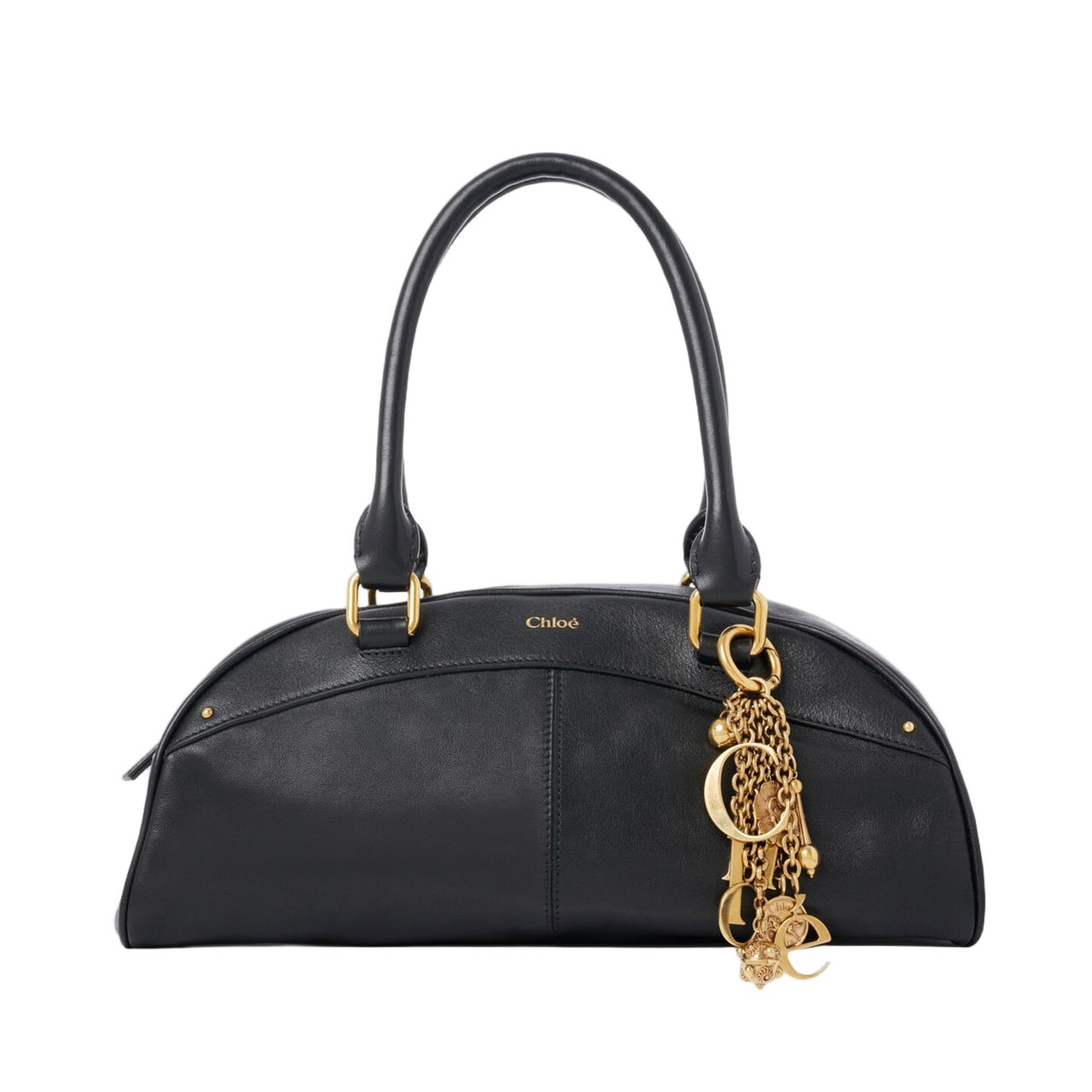 Chloé Curved Black Leather Handbag with Gold-Tone Detailing Zwart