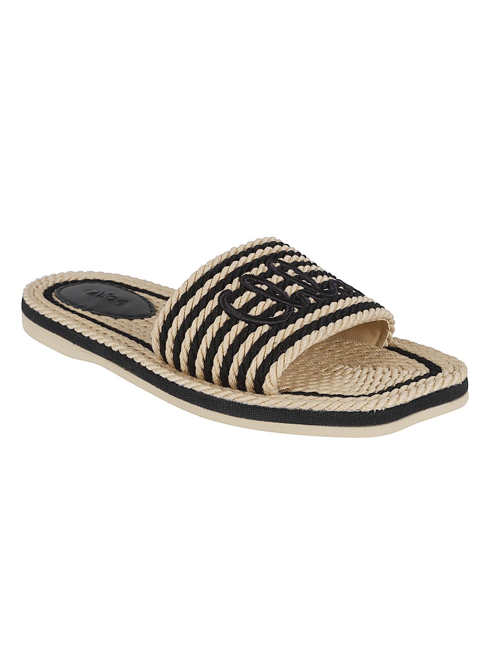 Chloé Raffia Flat Sandals with Striped Embroidery and Embossed Logo Grijs