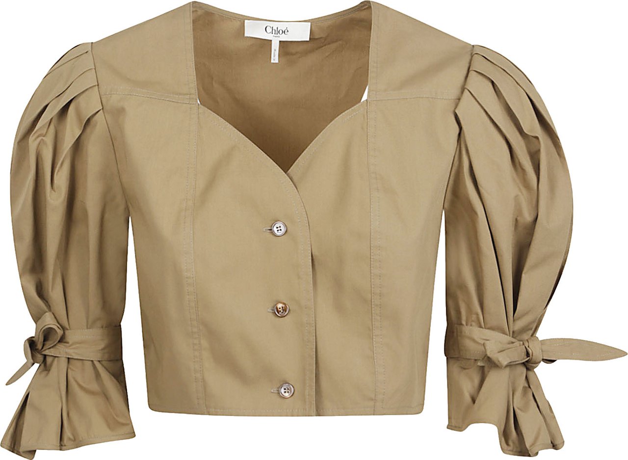 Chloé Cropped Top with Puffed Sleeves and Mother-of-Pearl Buttons Neutraal