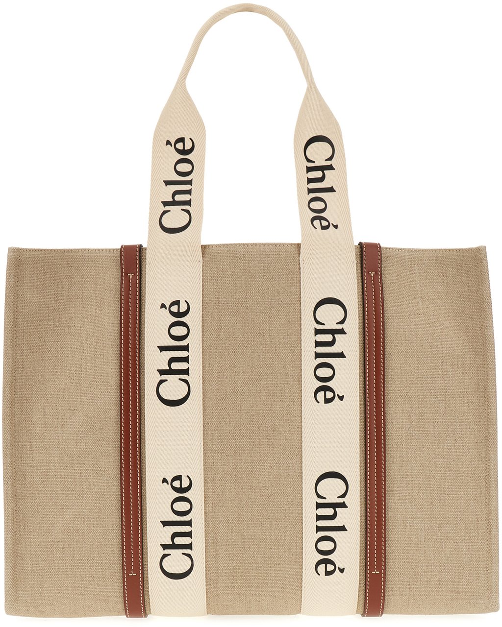Chloé Chloe Cappuccino linen large Woody shopping bag Neutraal