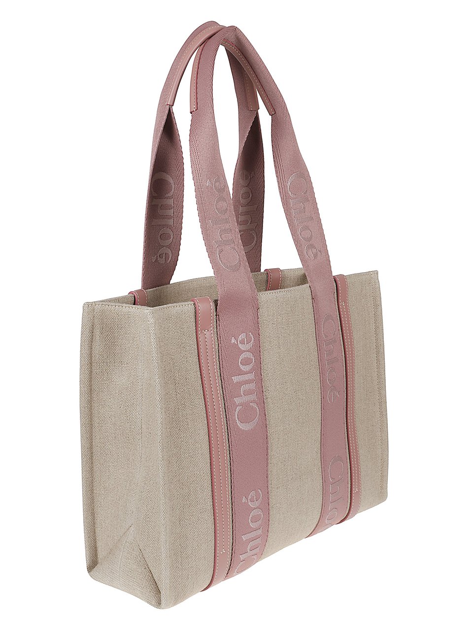 Chloé Beige Linen Woody Tote Bag Roze
