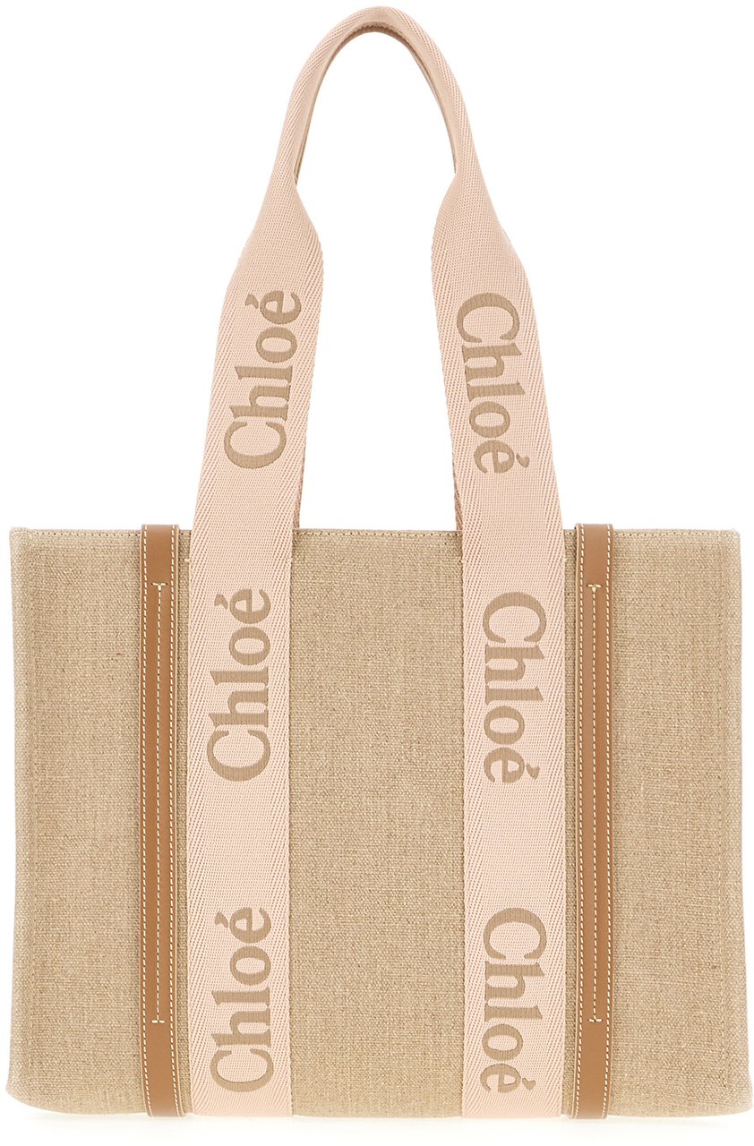 Chloé Chloe Cappuccino linen large Woody shopping bag Beige