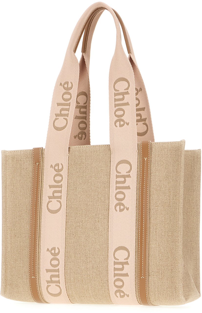Chloé Chloe Cappuccino linen large Woody shopping bag Beige